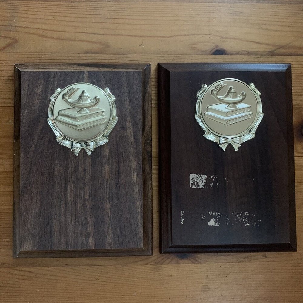 2 Wood Plagues Lamp of Knowledge Book Academic School Award Gold Color Medal
